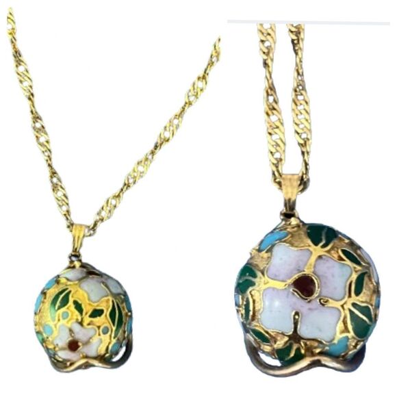 Vintage Cloisonne Gold Plated Caged Floral Design Necklace - Picture 1 of 13